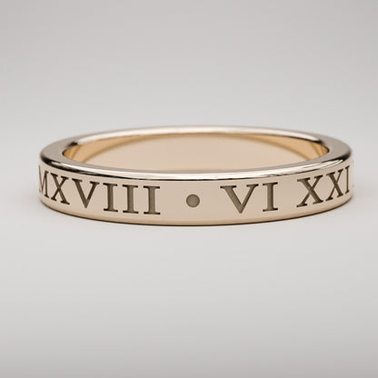 Engraved style custom Roman Numeral ring in rose gold