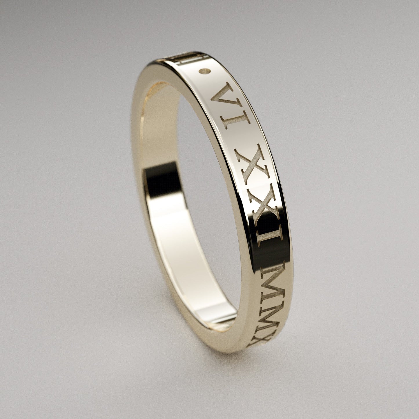 inset custom date Roman Numeral band in yellow gold
