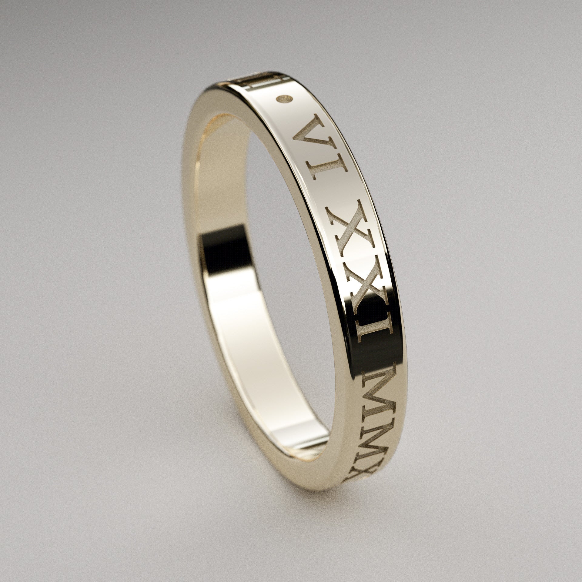 Engraved style custom Roman Numeral ring in yellow gold