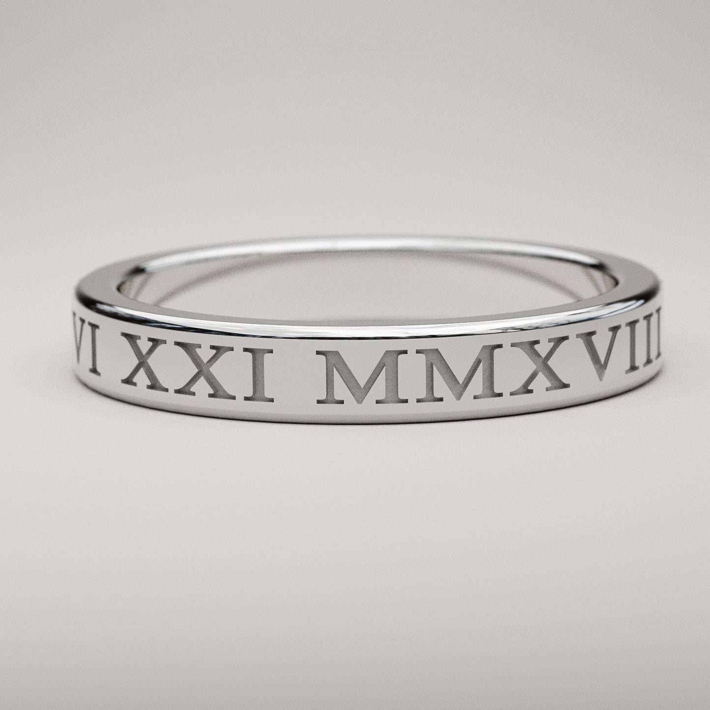 Engraved style custom Roman Numeral ring in white gold