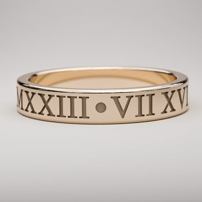 inset custom date Roman Numeral ring in rose gold, 4mm wide