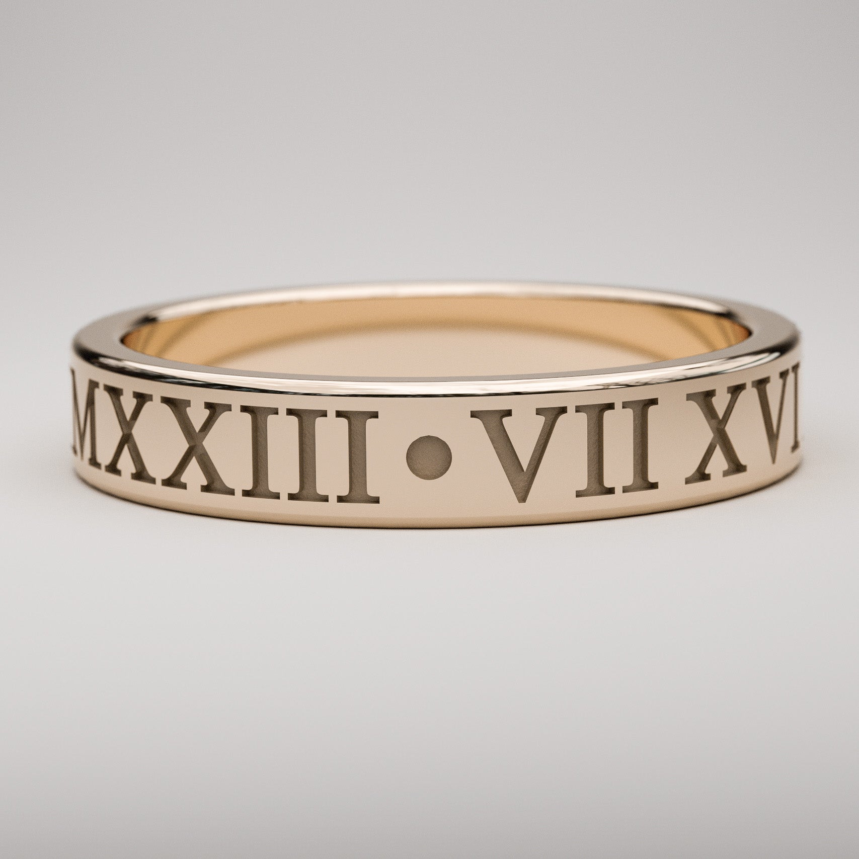4mm wide personalized Roman Numeral band in rose gold