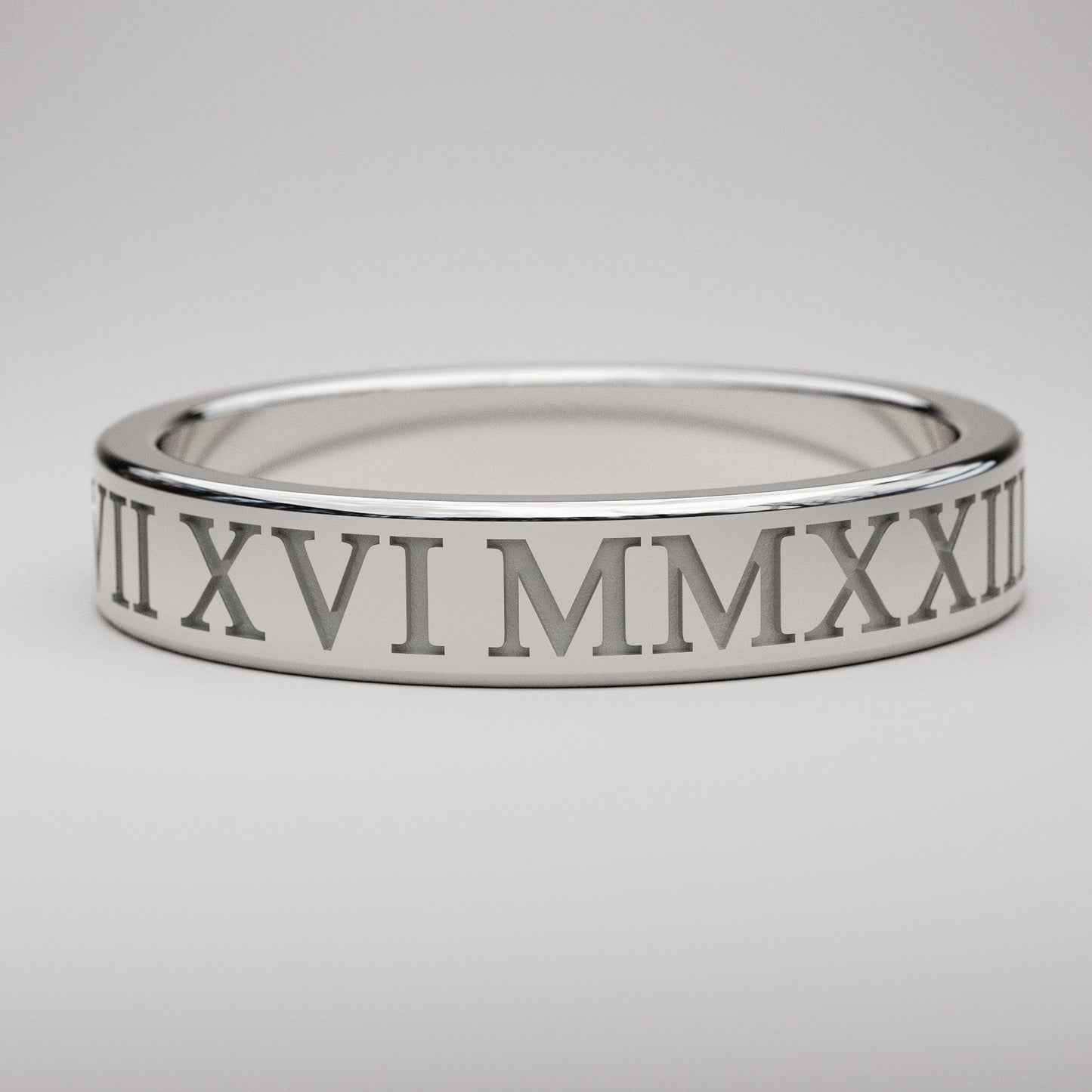 4mm engraved style custom Roman Numeral date ring in white gold