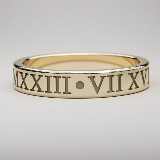 inset custom date Roman Numeral ring in yellow gold, 4mm wide