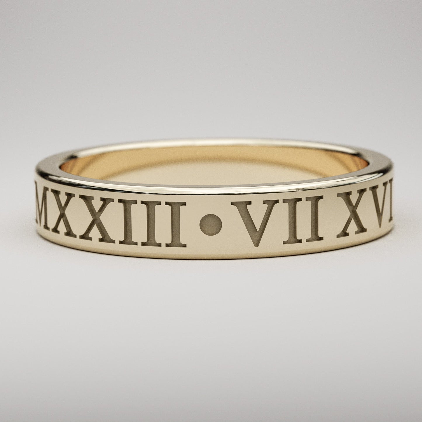 4mm engraved style custom Roman Numeral date ring in yellow gold