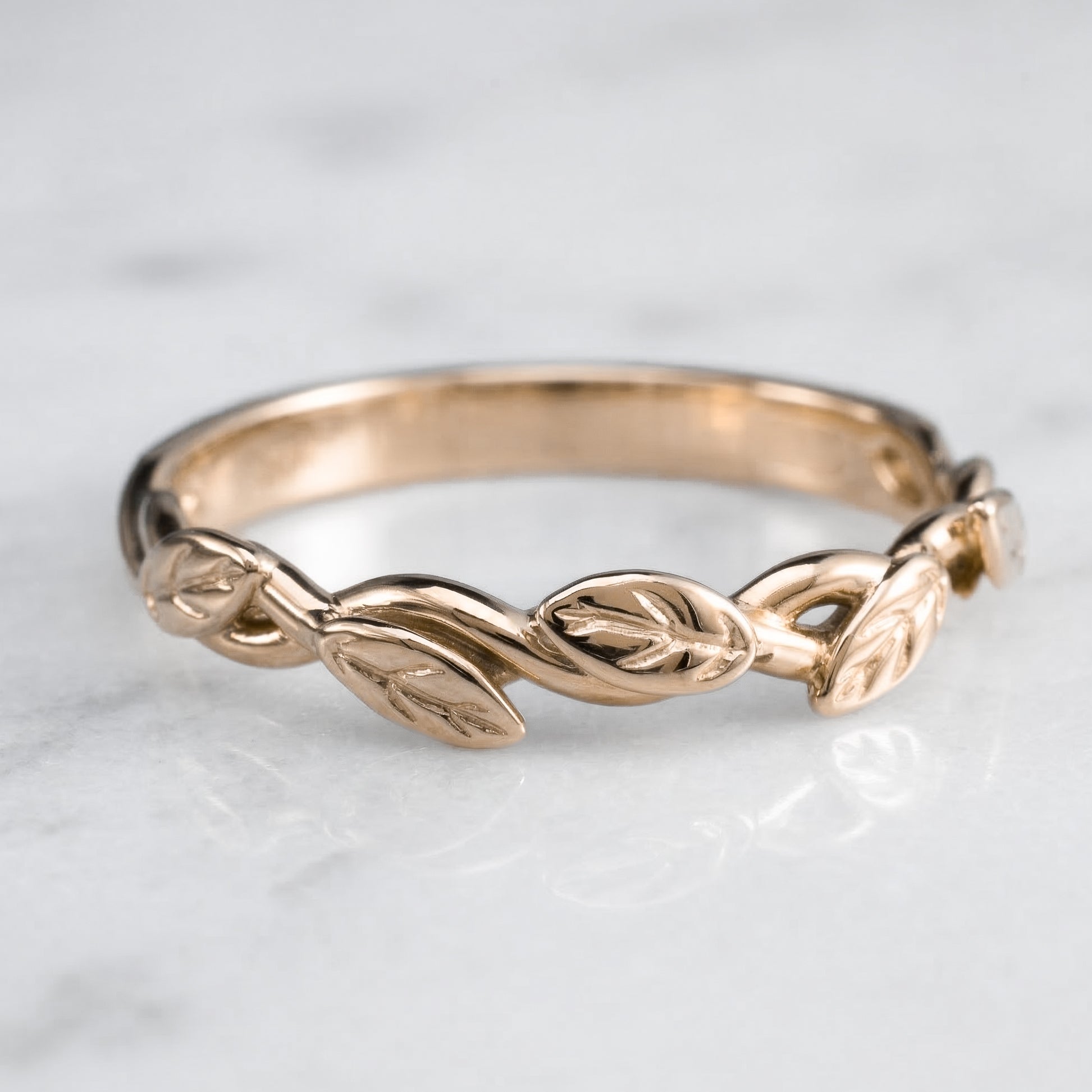 14k rose gold dainty leaf and vine ring by Pete Rhodes Designs