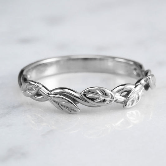 white gold ring with leaf design