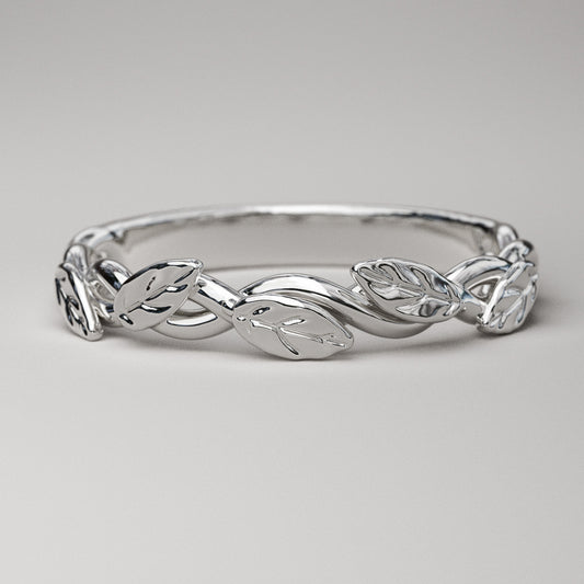 dainty leaf and vine wedding band in white gold
