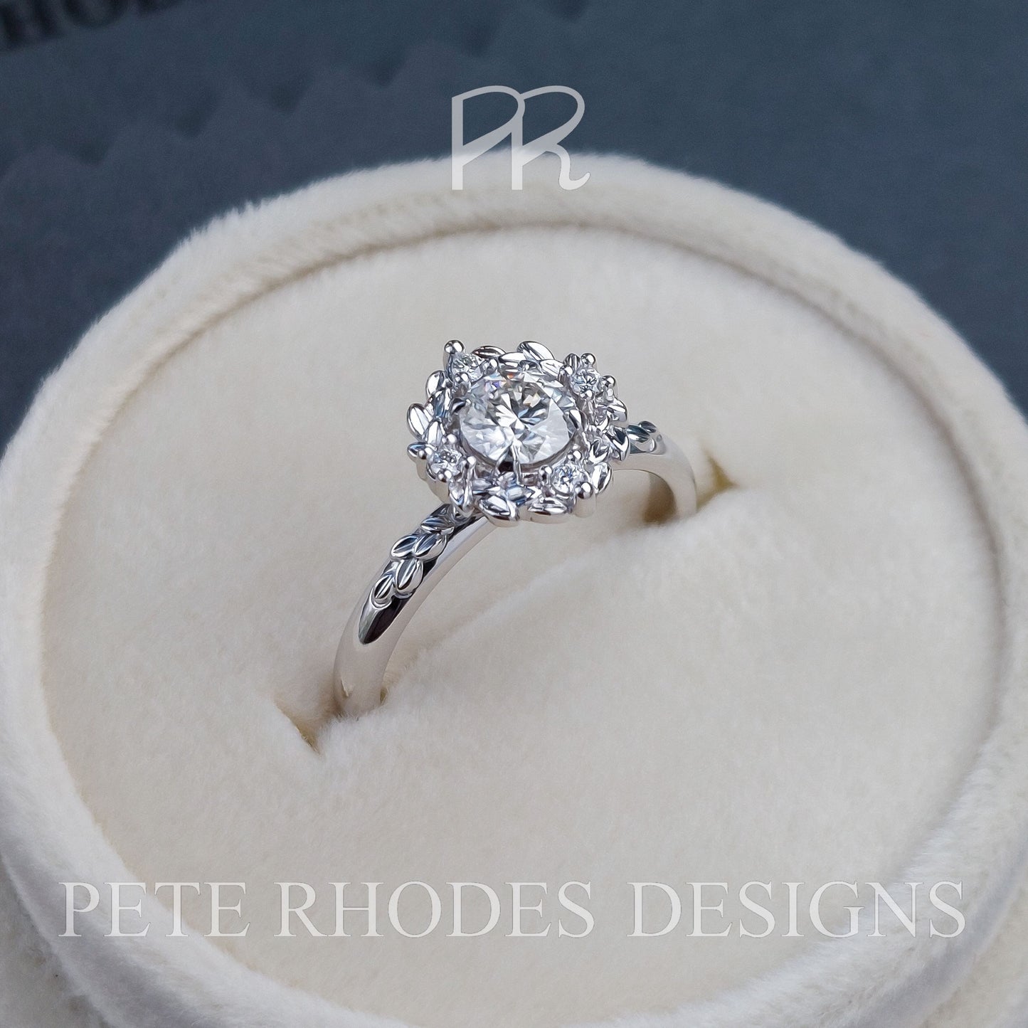 Leaf Halo with Round Charles and Colvard Moissanite - LA FEUILLUE