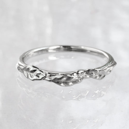 leaves and bud ring in white gold