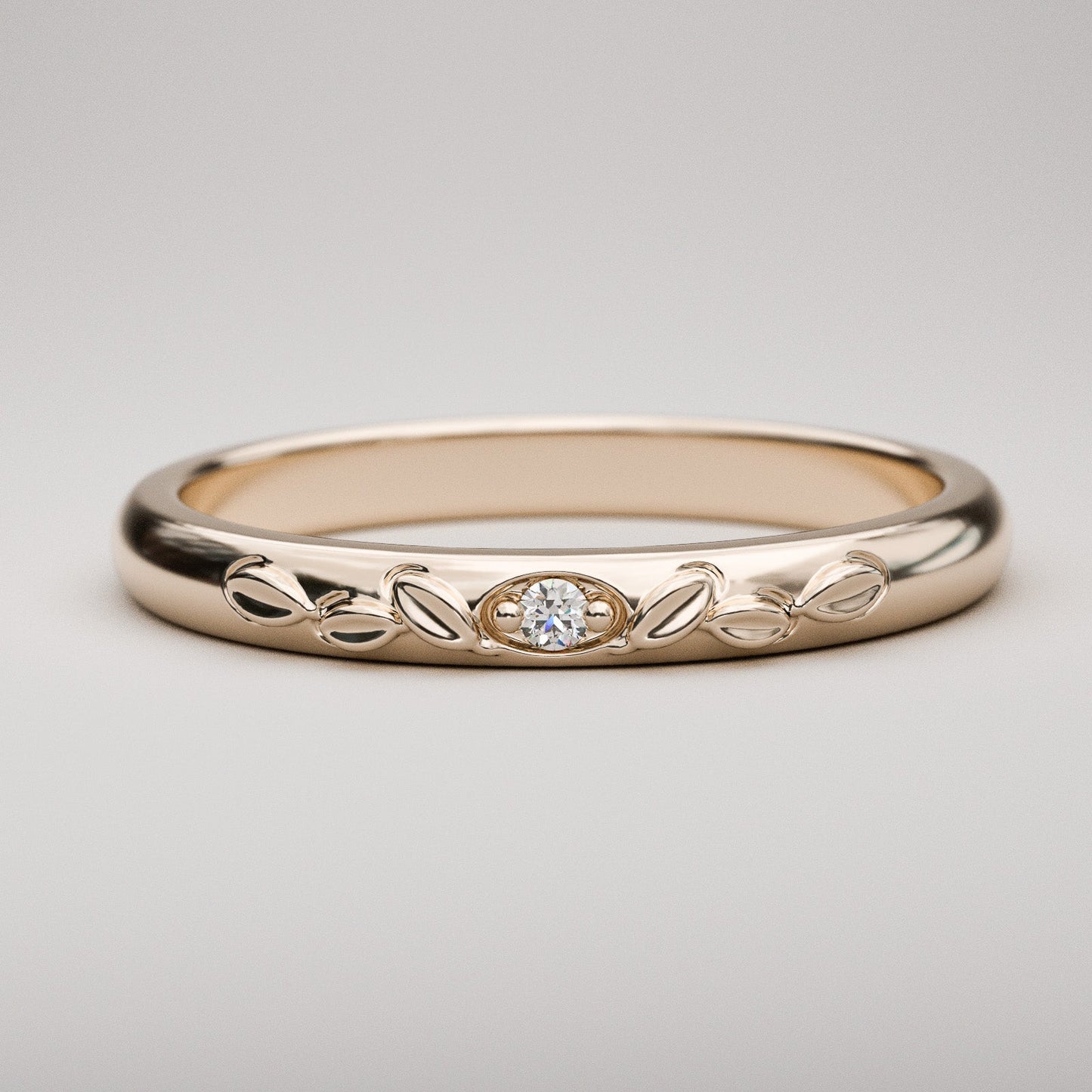 Classic domed rose gold band with genuine diamond and leaf details