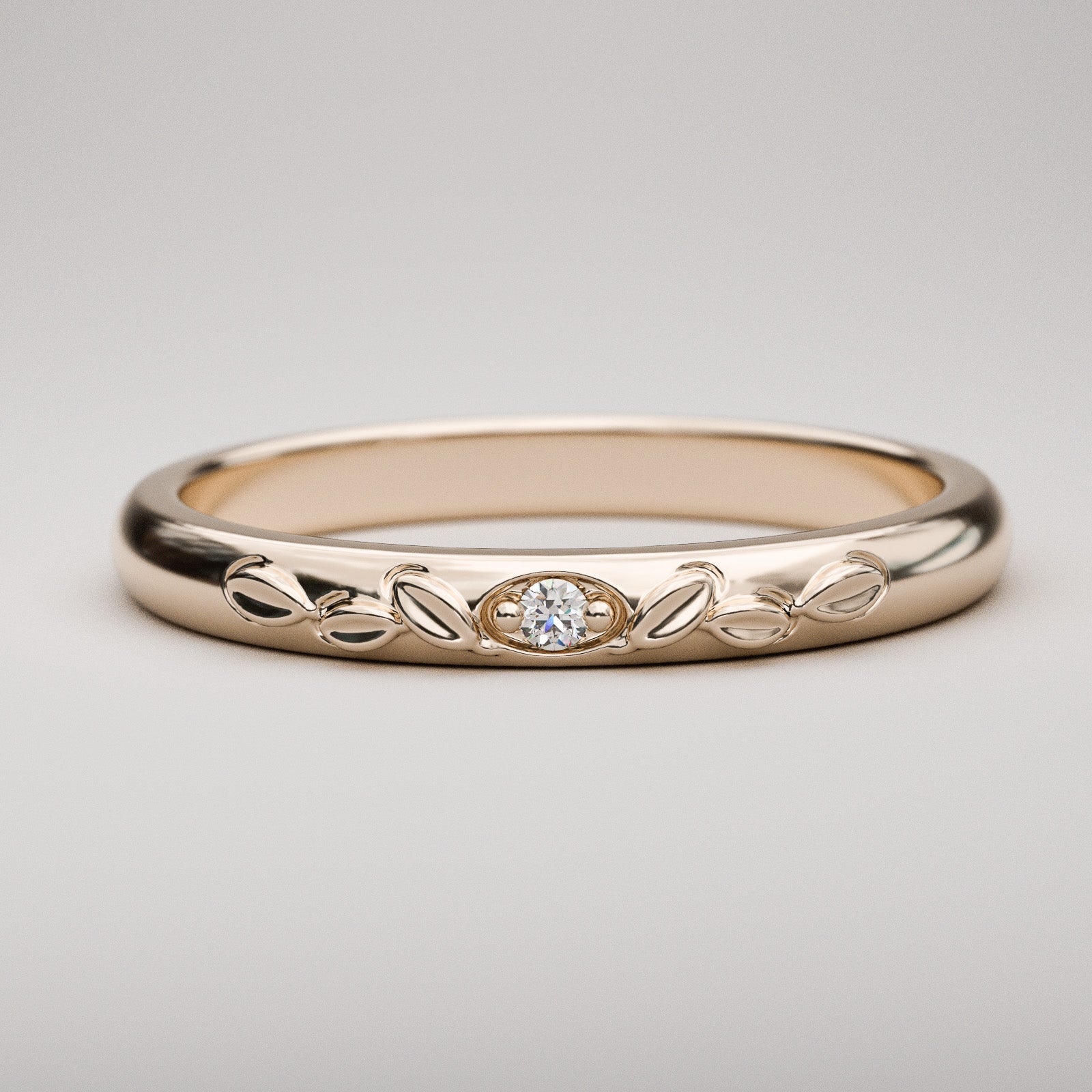 Antique inspired leaves and diamond domed ring in 14k rose gold