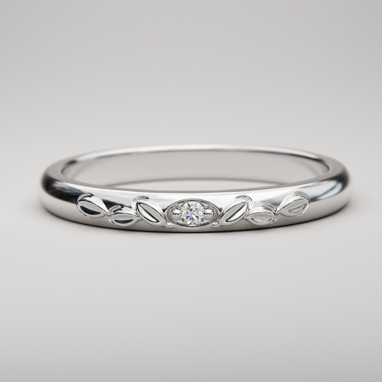 Antique inspired leaves and diamond domed ring in 14k or 18k white gold