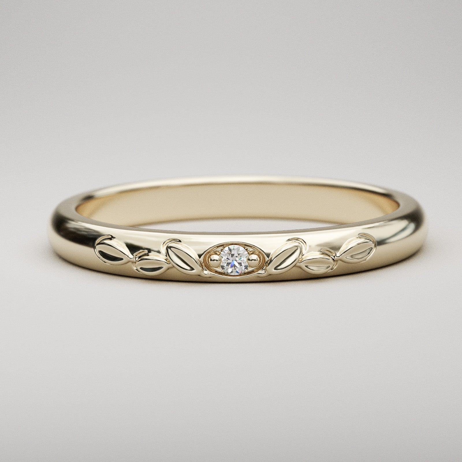Classic domed gold band with genuine diamond and leaf details