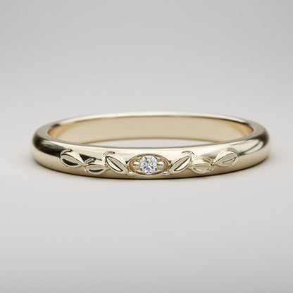 Classic domed gold band with genuine diamond and leaf details