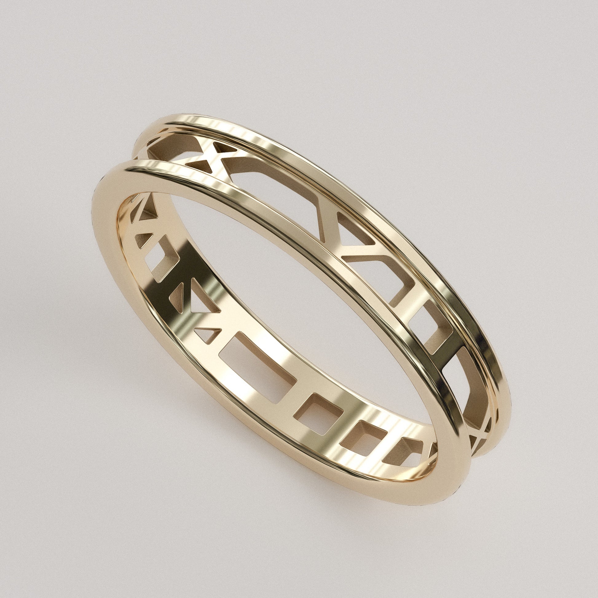 Cut out letters custom date Roman Numeral Ring, in 14k gold