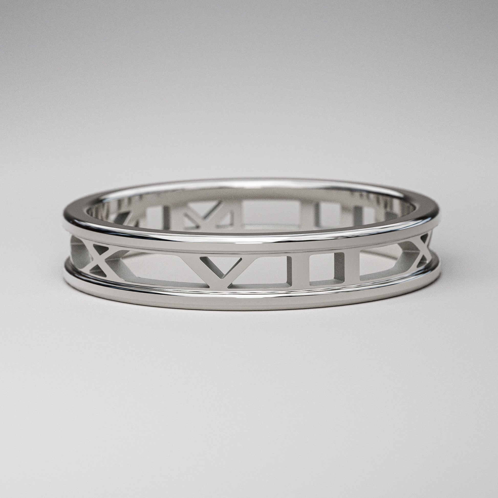 Cut out letters custom date Roman Numeral Ring, in 14k white gold