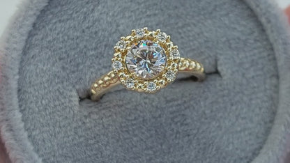 Beads and Diamond Halo and Round Charles and Colvard Moissanite Ring - LA PERLÉE