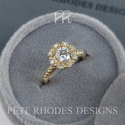 Beads and Diamond Halo and Round Charles and Colvard Moissanite Ring - LA PERLÉE