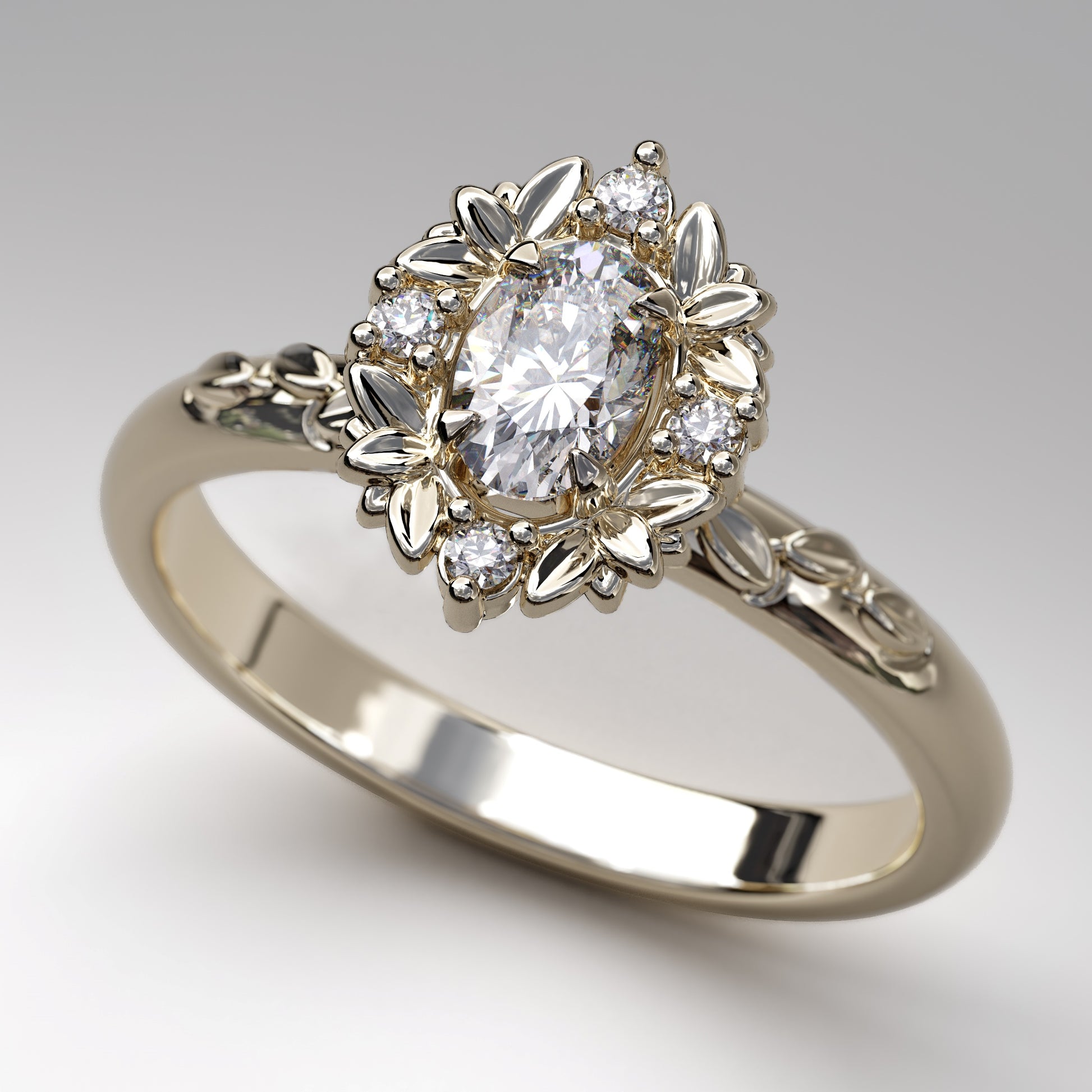Vintage style engagement ring with leaf halo by designer Pete Rhodes